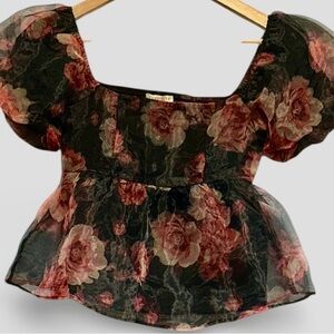 NWT THIRTY/THIRTY WOMENS BABYDOLL/BOHO BLOUSE FLORAL PUFF SLEEVES PEPLUM SMALL